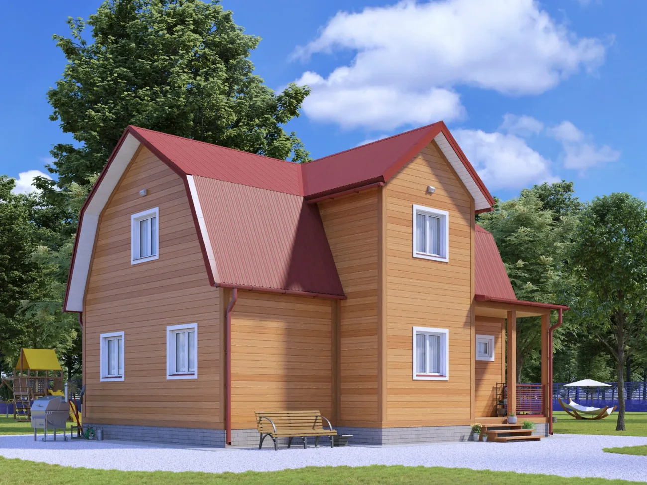 ДОМ ИЗ КАРКАСА 7×9 «ДК33» (110 кв.м., 2 этажа, 7 на 9, с мансардой, крытой террасой и 3 спальнями)