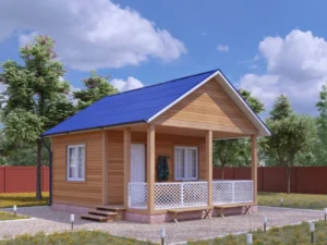 ДОМ ИЗ БРУСА 5×7 «ДБ20» (30 кв.м., 1 этаж, 5 на 7, с большой террасой и студийной планировкой, для дачи)