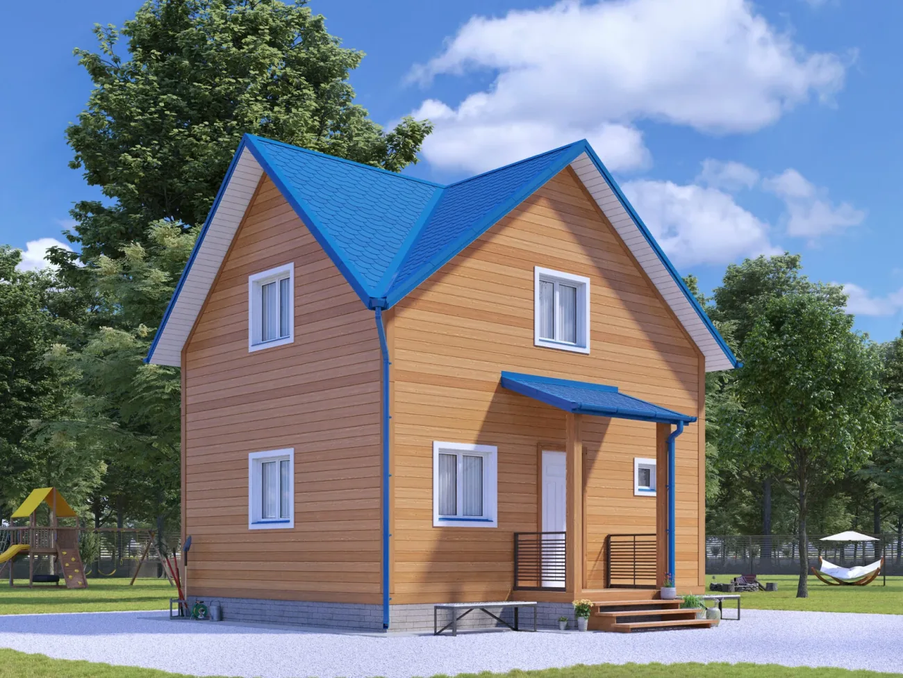 ДОМ ИЗ БРУСА 6×8 «ДБ21» (90 кв.м., 2 этажа, 6 на 8, с мансардой, отдельной кухней и тамбуром)