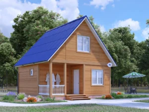 ДОМ ИЗ КАРКАСА 6×6 «ДК28» (50 кв.м., 1 этаж, 6 на 6, с крытой террасой, чердаком и двускатной крышей)