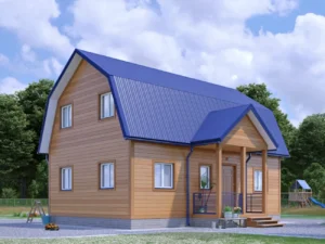ДОМ ИЗ КАРКАСА 7×9 «ДК30» (110 кв.м., 2 этажа, 7 на 9, с мансардой, крытым крыльцом и двускатной крышей)