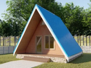 ДОМ А-ФРЕЙМ 4,5×6 «ДА7»  (35 кв.м., 1 этаж, 5 на 6, всесезонный, с крытой террасой и спальней под крышей)