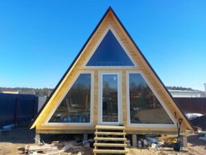 КАРКАСНАЯ БАНЯ A-FRAME 6×6 «Б44» (72 кв.м., 2 этажа, 6 на 6, с панорамными окнами и мансардой)